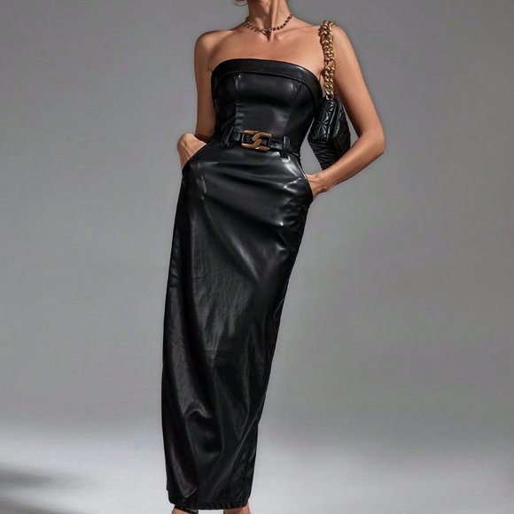 . Dresses & Skirts - Black Preppy Womens Solid PU Tube Dress